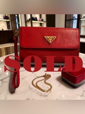 Prada Red Leather Wristlet Clutch with Gold Triangle Logo